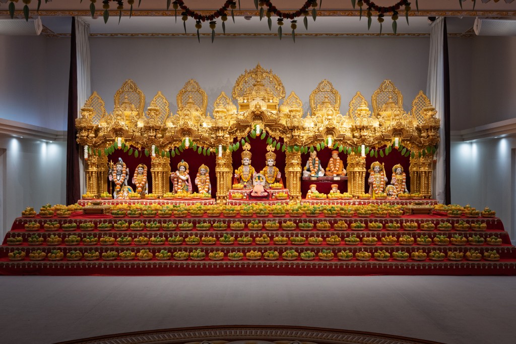 Param Pujya Yogiji Mahārāj's Birth Anniversary Celebration in BAPS Leicester Mandir, UK. With Keri Annakut decoration and Pujya Tyāgratna Swāmi's discourse (pravachan).