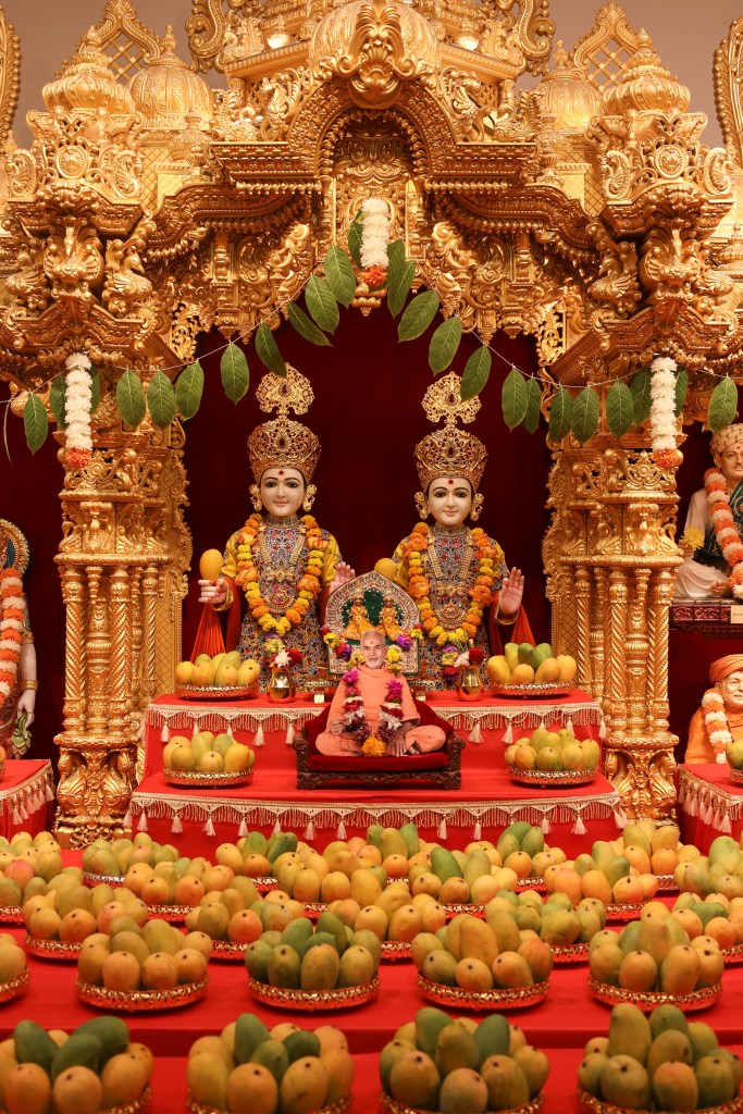Param Pujya Yogiji Mahārāj's Birth Anniversary Celebration in BAPS Leicester Mandir, UK. With Keri Annakut decoration and Pujya Tyāgratna Swāmi's discourse (pravachan).